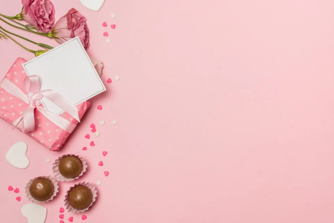 Blumen neben einer Postkarte auf einer Geschenkbox und Schokoladenbonbons.